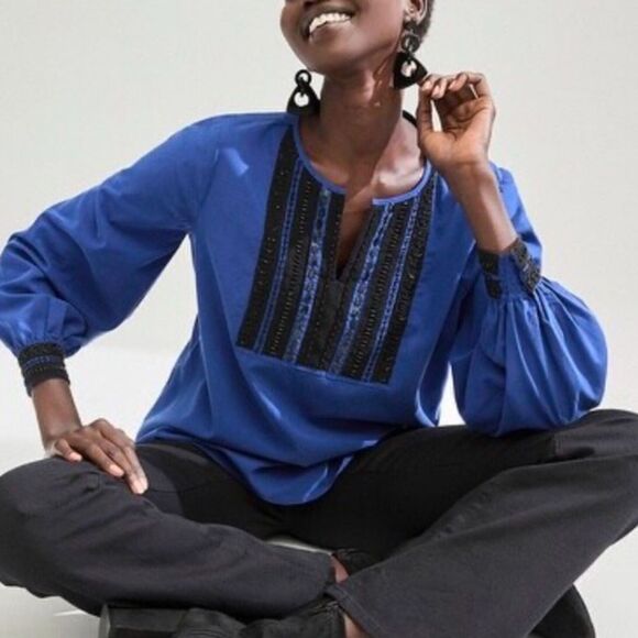 Chico's Embellished Colorblock Top in Seafaring Blue & Black Size Large (16) - Picture 13 of 13